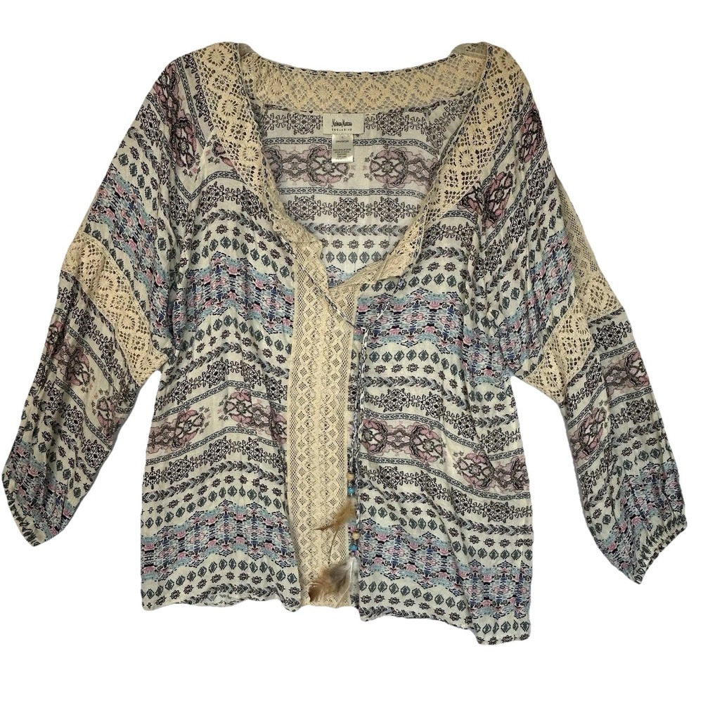 Neiman Marcus Boho Peasant Top Women's Large Lace Detail W/ Feather Tassel Tie